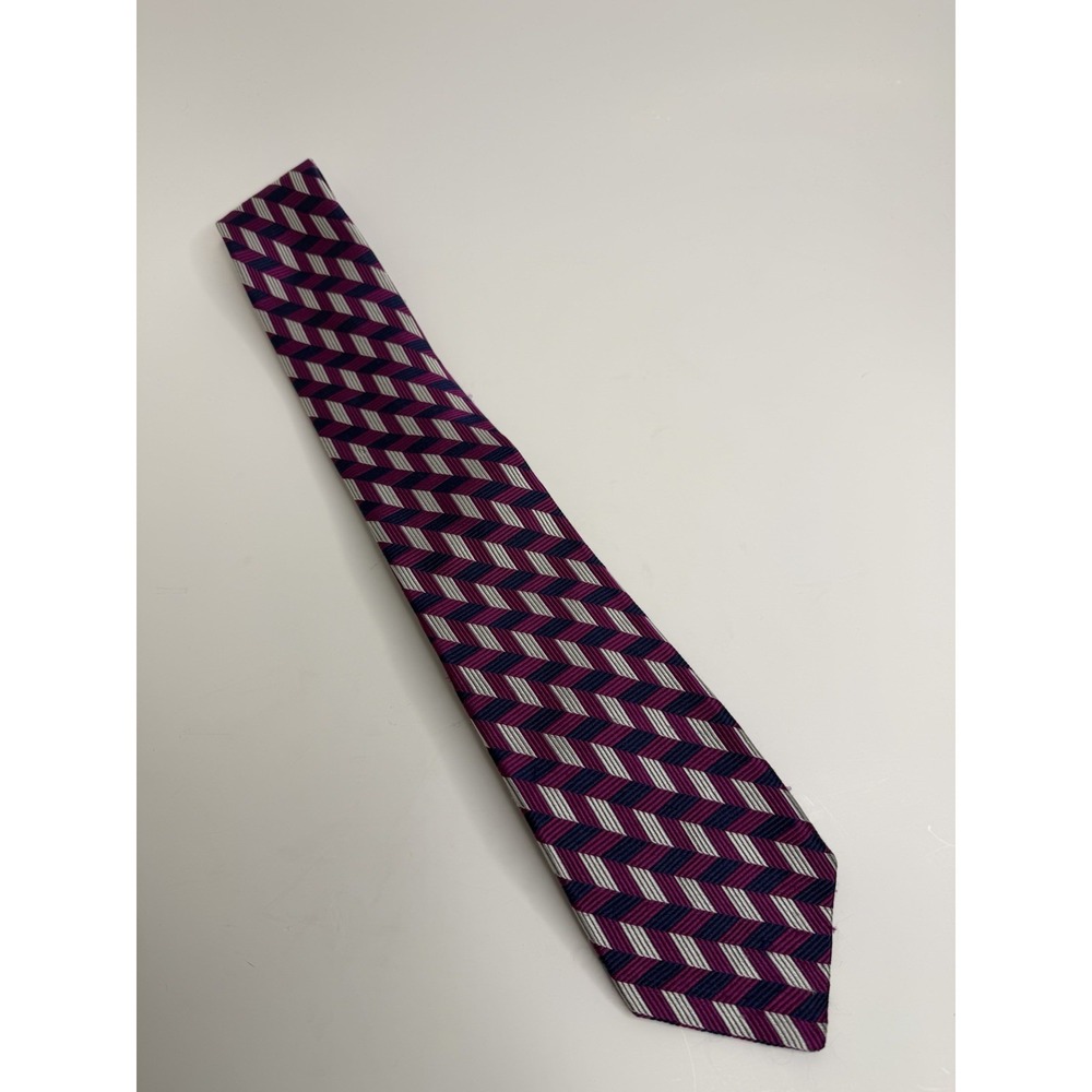 Lauren Ralph Lauren Mens Silk Tie Chevron Herringbone Geo Pink Purple White, 59"